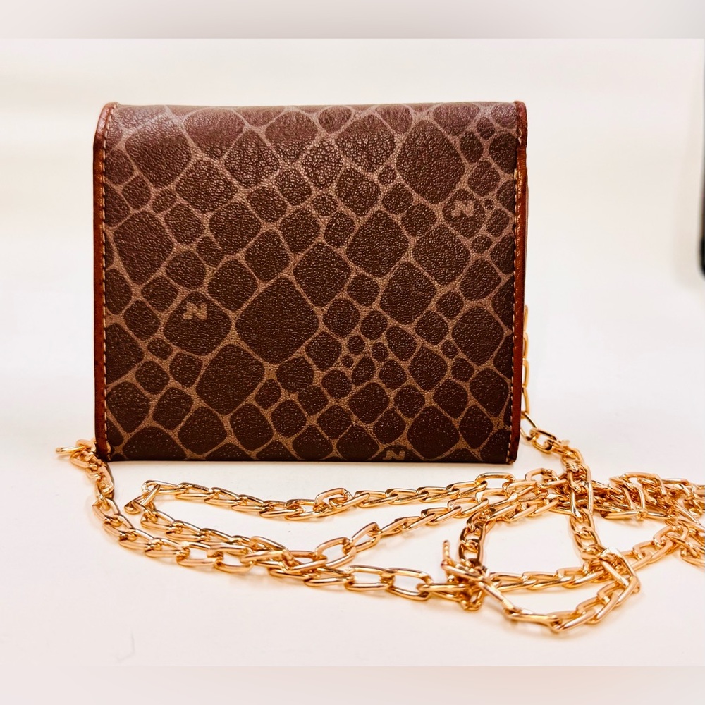 Nina Ricci Small Brown Leather Animal Print Wallet W/Optional Crossbody Chain - Picture 2 of 9